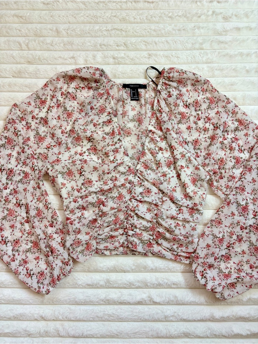 Forever 21 Pink & White Floral Ruched Wrap Blouse Size Small
